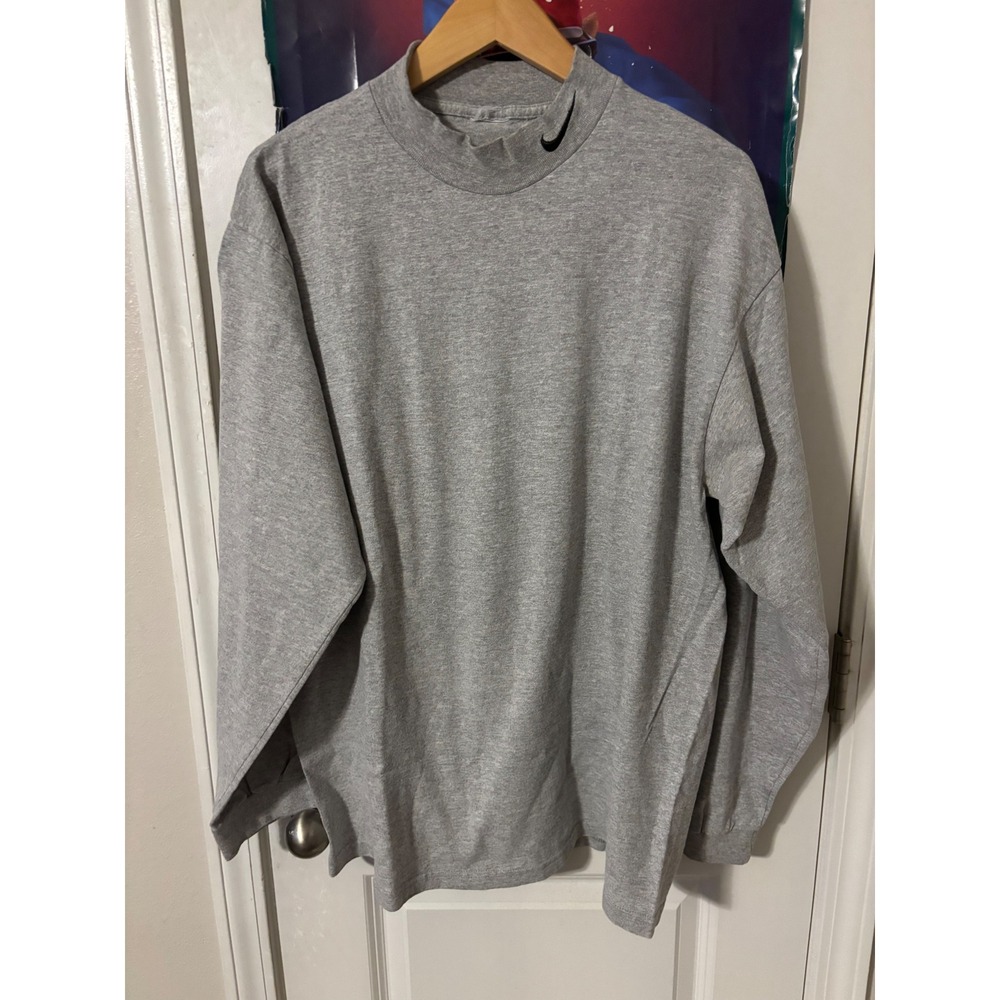Nike Mens Mock Neck Long Sleeve Swoosh Logo Shirt Heather Gray XL 90s